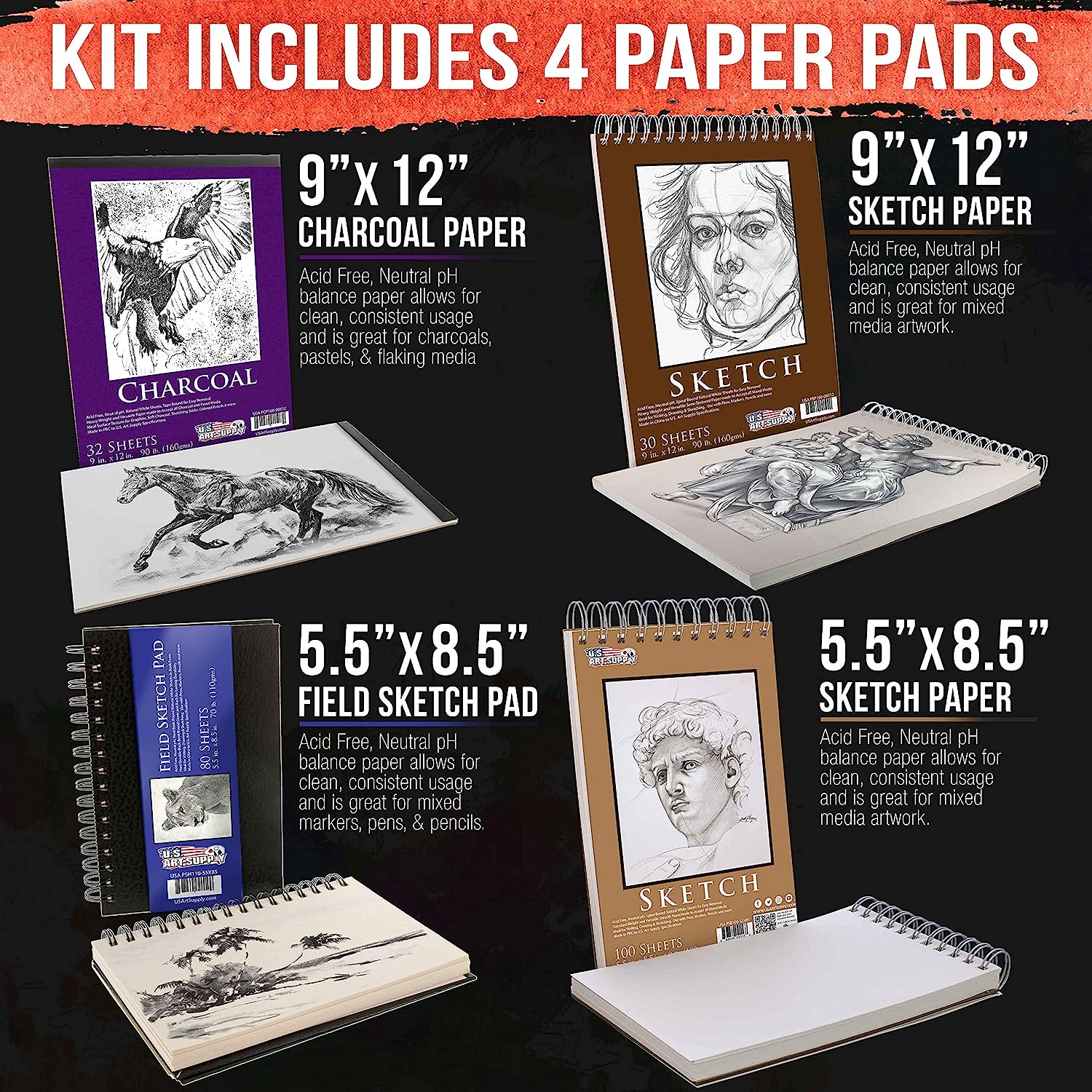 U.S. Art Supply 44-Piece Drawing & Sketching Art Set with 4 Sketch Pads (242 Paper Sheets) - Professional Artist Kit, Graphite, Charcoal, Pastel Pencils & Sticks, Erasers - Pop-Up Carry Case, Student - Image 6